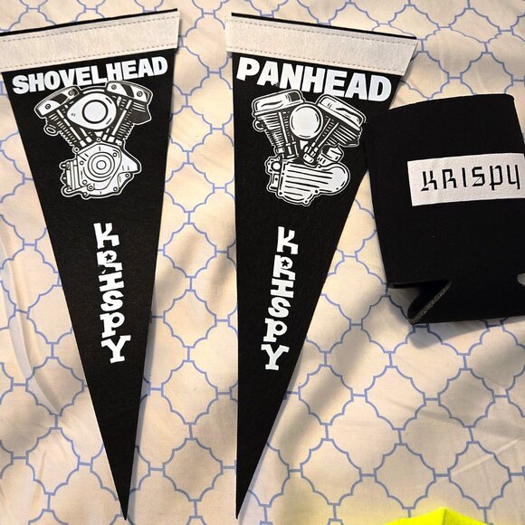 6 pc. bundle 2 Med Chopper Moto Cycles Shirts + Trucker Hat & Pennants NEW - Picture 9 of 10